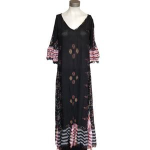 ERIKA PENA Tribal E Margarita Long Ikat maxi ruffle fringe black dress Sz XS NEW